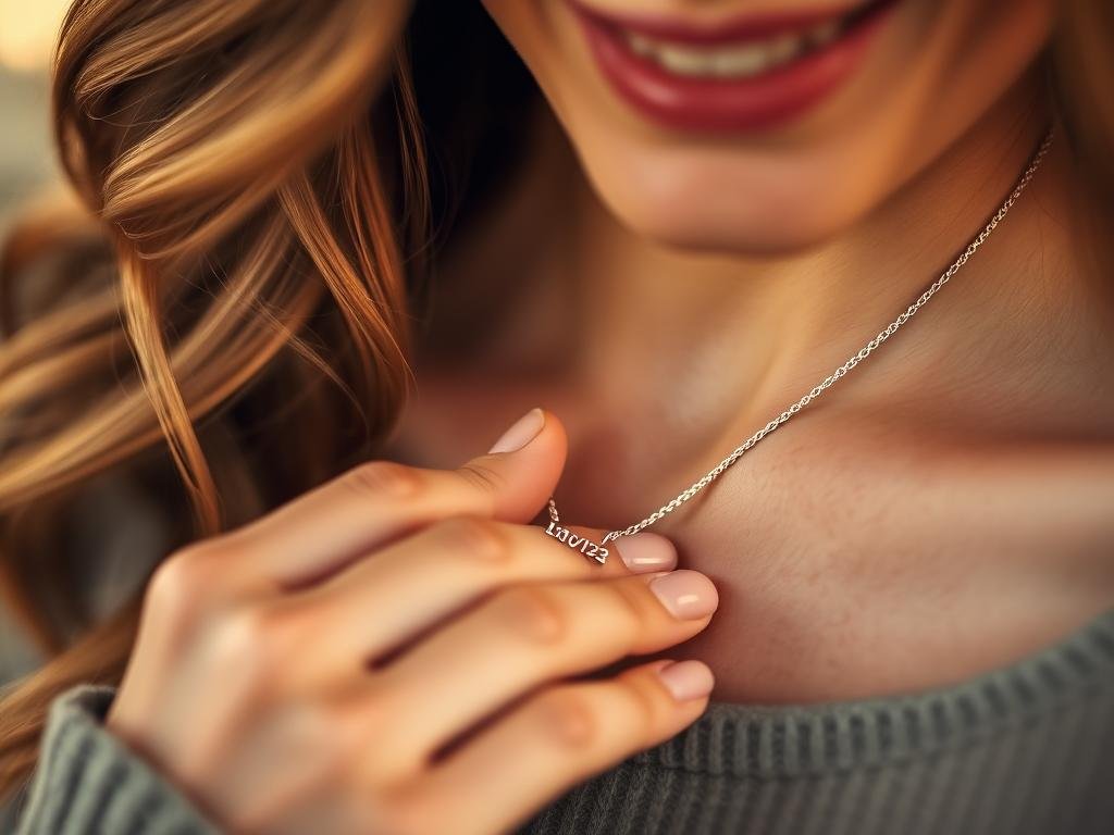 A woman wearing a personalized necklace with a meaningful date engraved on it