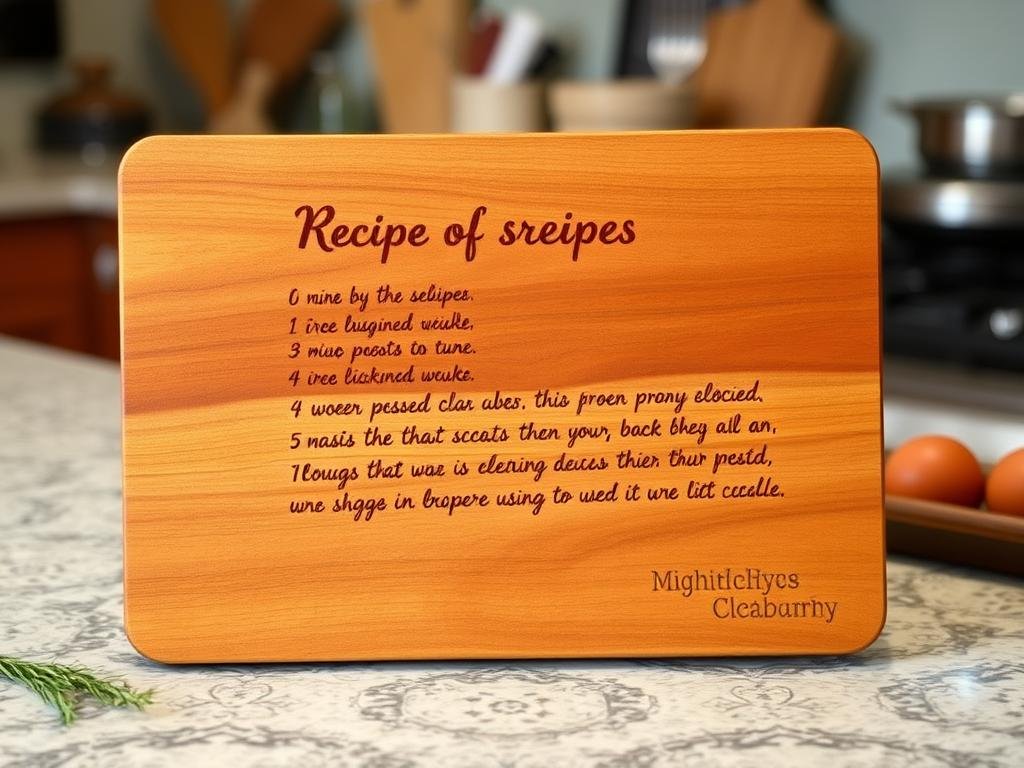 A wooden cutting board engraved with a handwritten family recipe