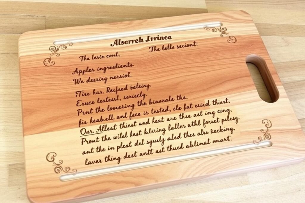 A wooden cutting board engraved with a handwritten recipe and decorative border