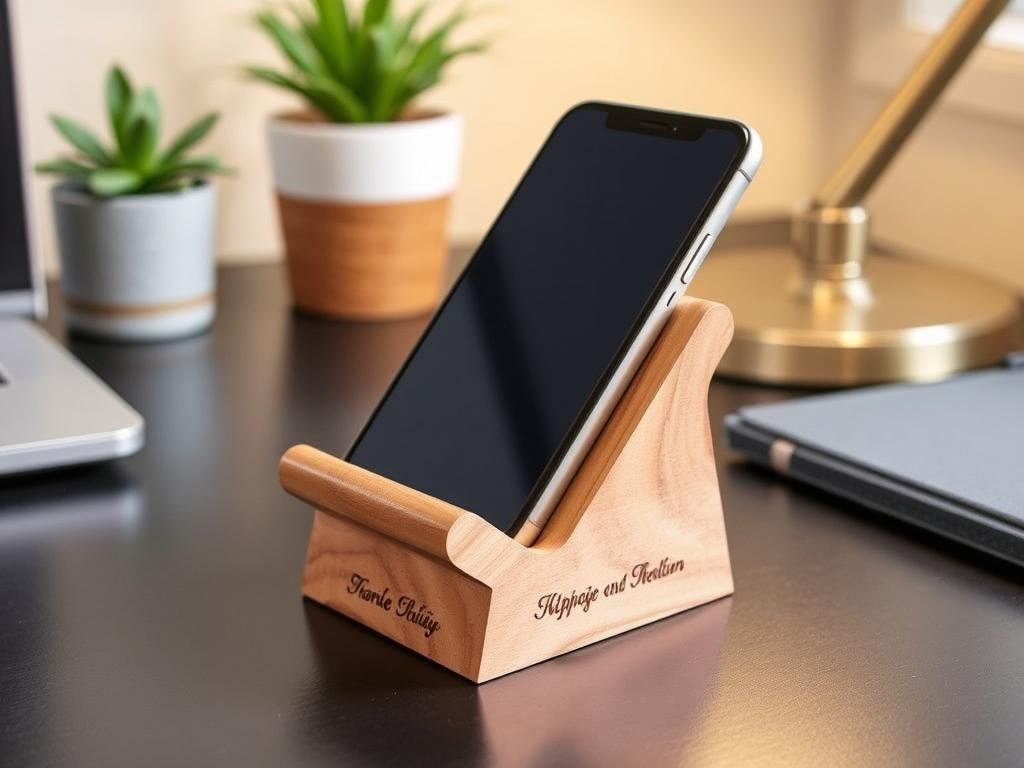 A wooden phone stand with personalized engraving on a desk