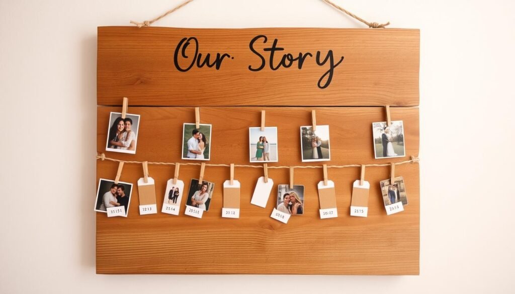 A wooden relationship timeline display with photos clipped to twine and milestone dates written below