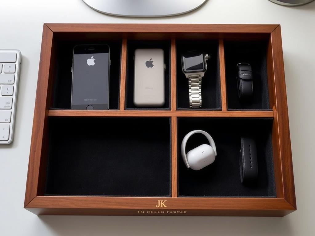 A wooden tech accessory tray with felt lining and personalized engraving holding a phone, watch, and earbuds