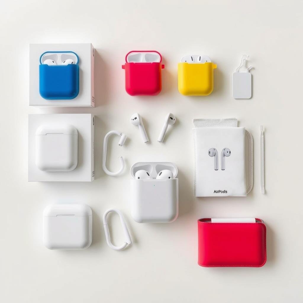 AirPods with various accessories and cases