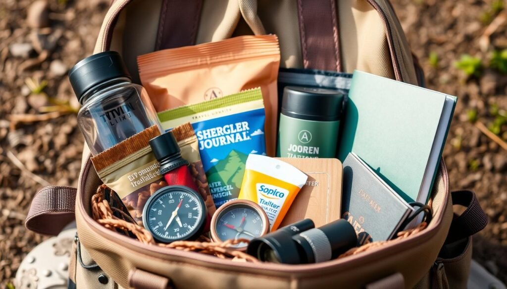 An adventure-themed gift basket with outdoor essentials and exploration tools