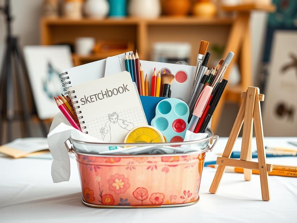 An art supply gift basket with sketchbooks, colored pencils, and creative tools