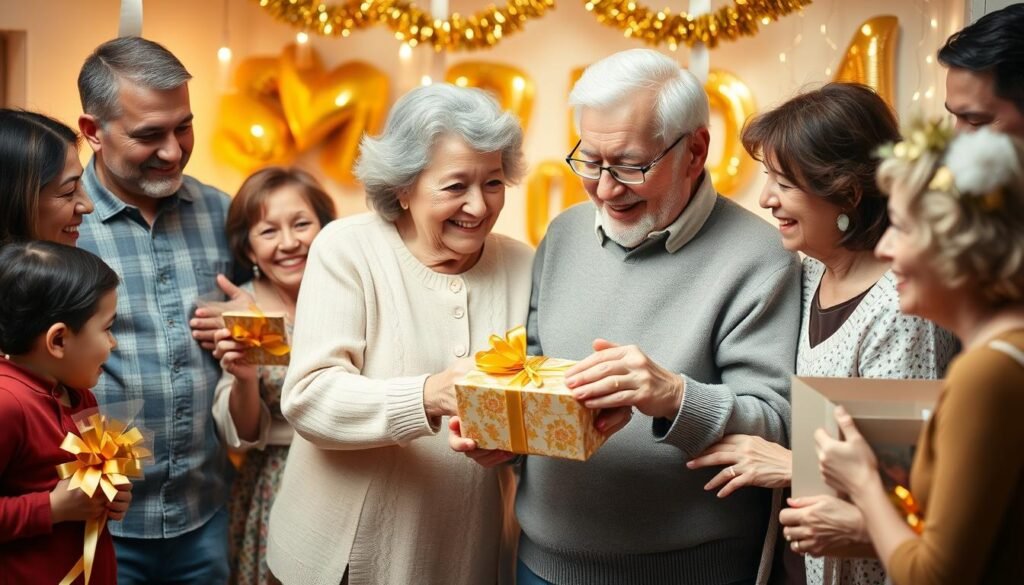 An elderly couple celebrating their golden anniversary with family and gifts