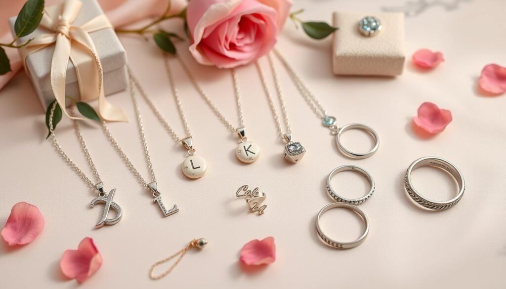 An elegant display of personalized jewelry gifts for her including initial necklaces, birthstone bracelets, and custom rings