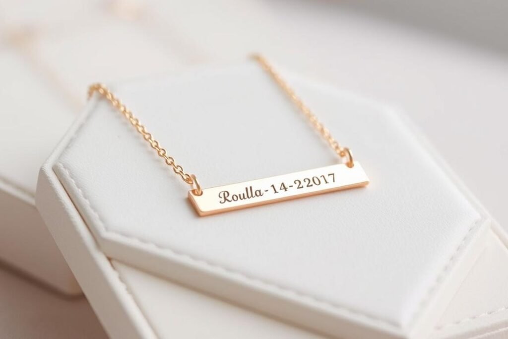 An engraved bar necklace with coordinates and a special date