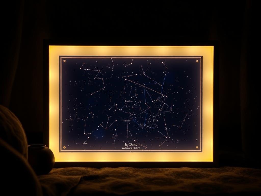 An illuminated star map light box showing constellations from a special date