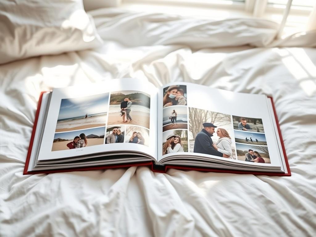 An open custom photo book displaying couple's memories, a heartfelt sentimental gift for boyfriend