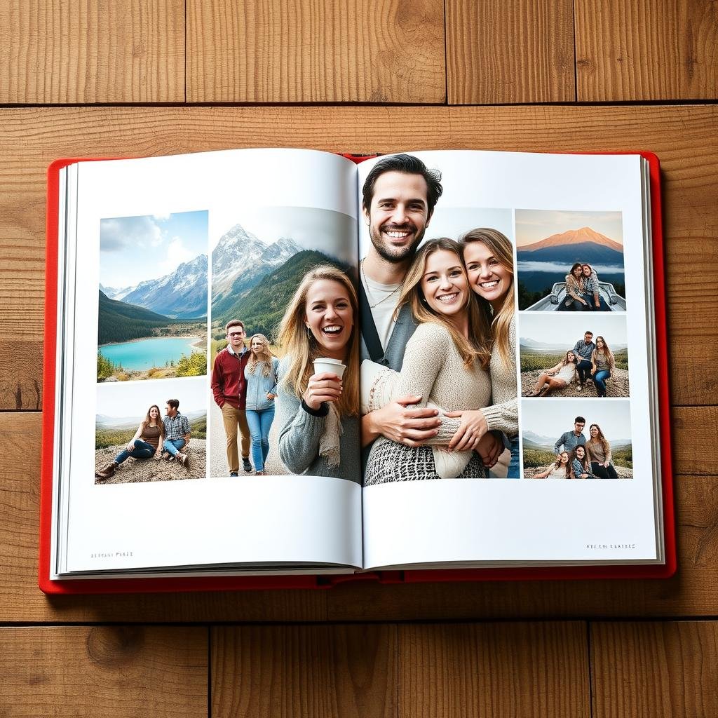 An open custom photo book showing couple's memories and adventures together