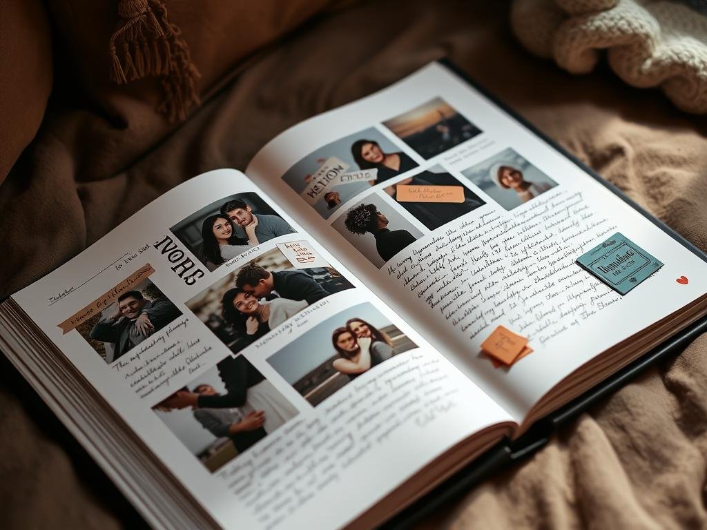 An open scrapbook showing photos, ticket stubs, and handwritten notes from special memories