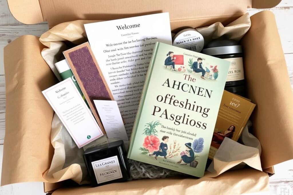 An opened book subscription box containing a new hardcover novel, bookmark, tea, and reading accessories
