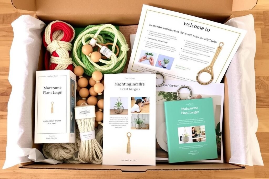 An opened craft subscription box showing materials for making macrame plant hangers with instruction booklet