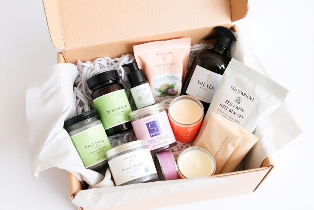 An opened self-care subscription box filled with bath products, candles, and wellness items