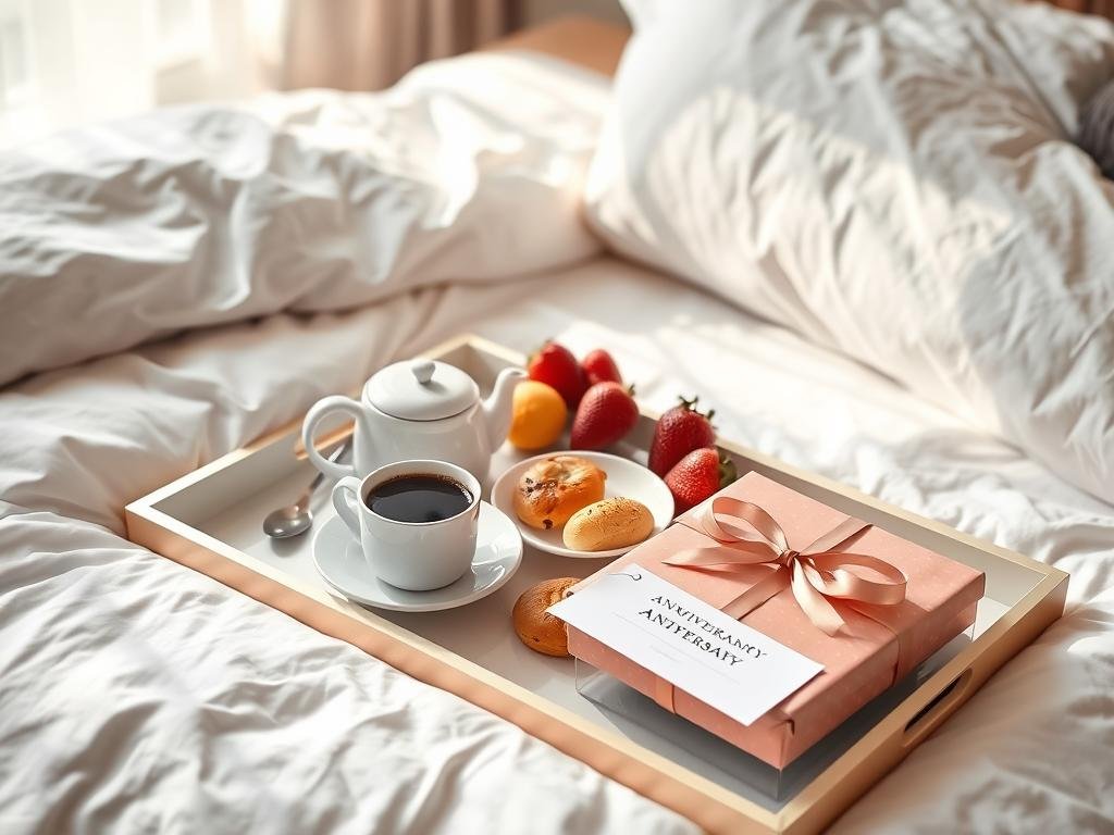 Anniversary gift presented with breakfast in bed
