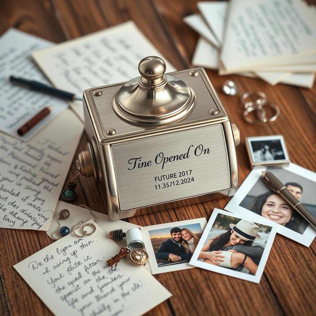 Anniversary time capsule with mementos and messages
