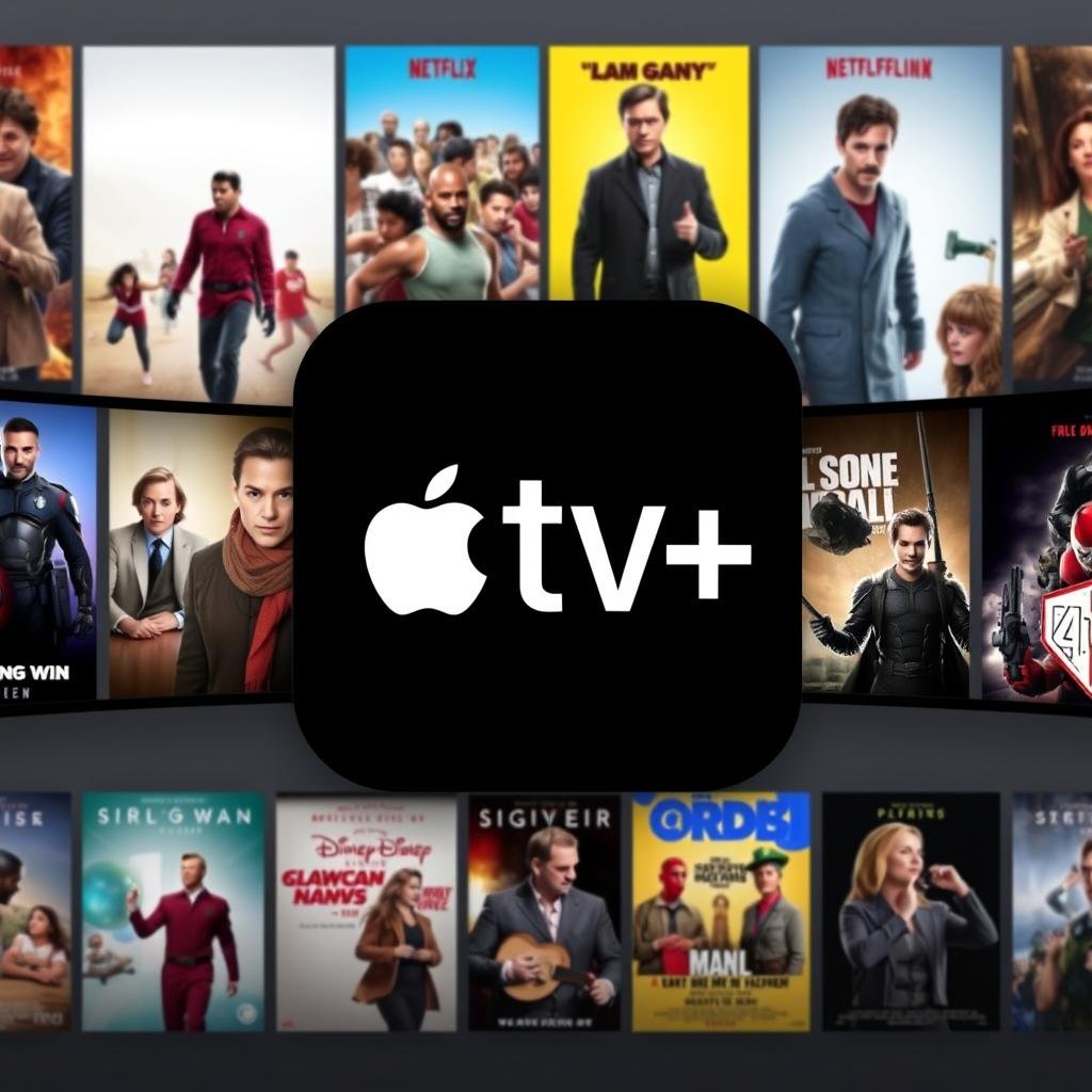 Apple TV+ logo with streaming content posters