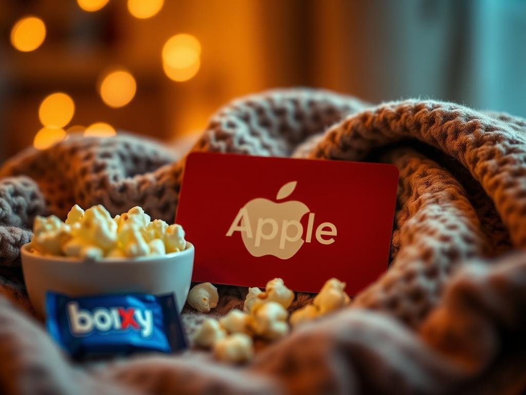 Apple gift card with movie night essentials like popcorn and blanket
