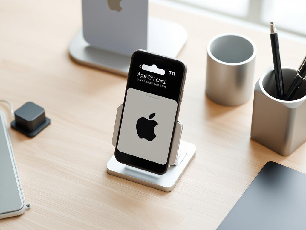 Apple gift card with phone stand and desk accessories
