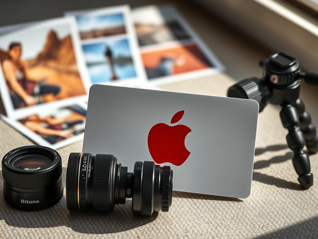 Apple gift card with smartphone camera lenses and tripod
