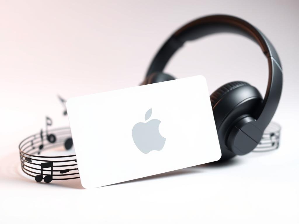 Apple gift card with wireless headphones and music notes