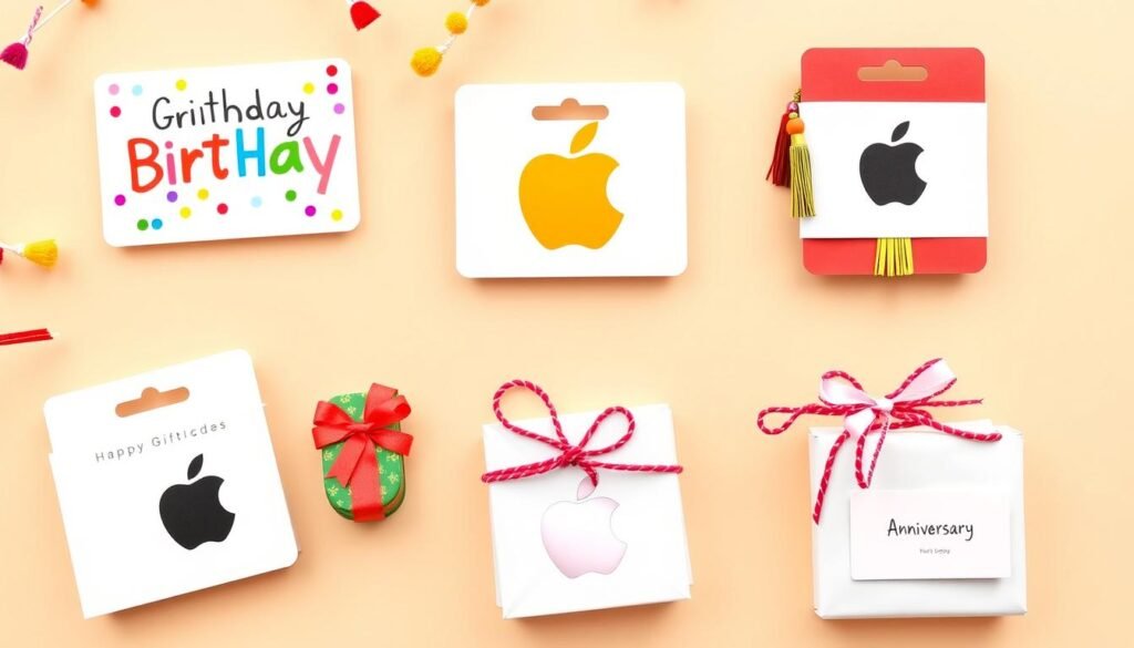 Apple gift cards presented for different occasions including birthdays, graduations, and holidays