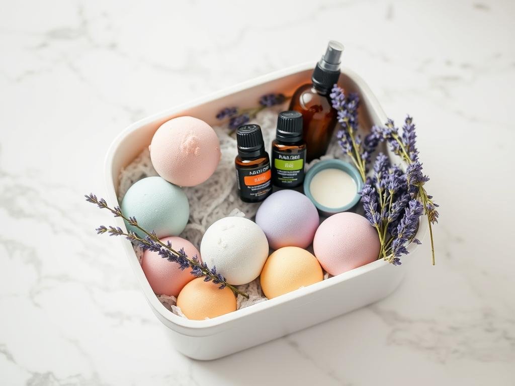 Aromatherapy bath set with bath bombs and essential oils - cute birthday gift for relaxation