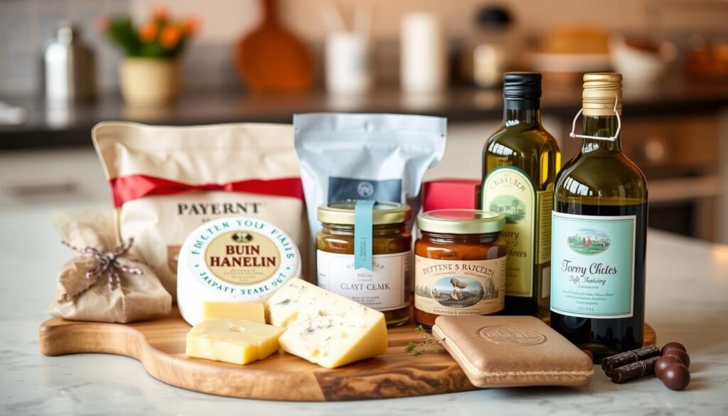 Arrangement of food and drink housewarming gifts including wine and gourmet items