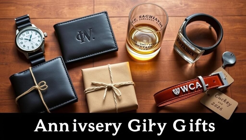 Array of personalized boyfriend anniversary gifts including engraved items