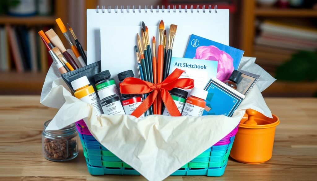 Art supply gift basket with paints, brushes, and creative materials arranged in a colorful basket
