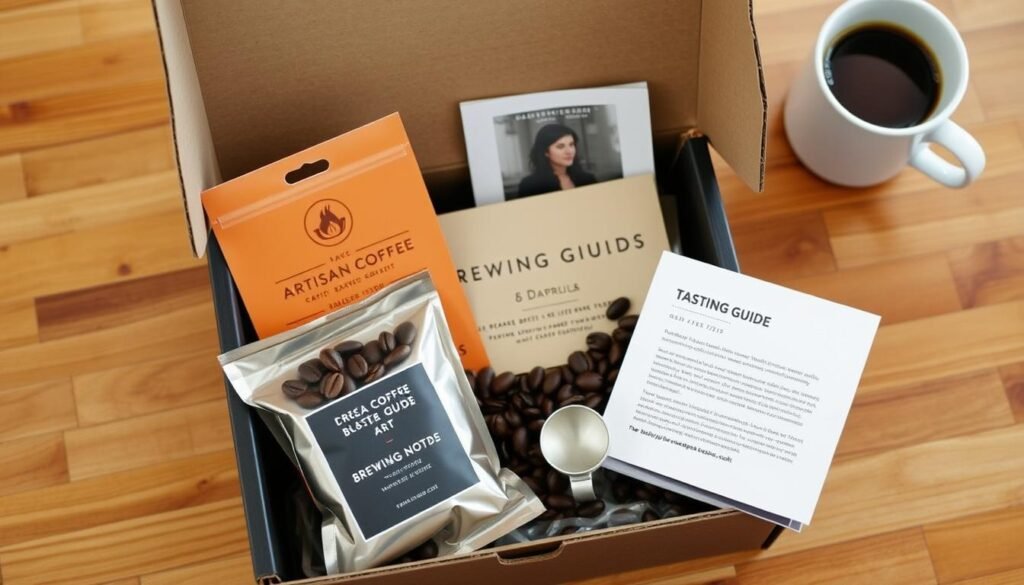 Artisan coffee subscription box with freshly roasted beans, brewing guide, and tasting notes