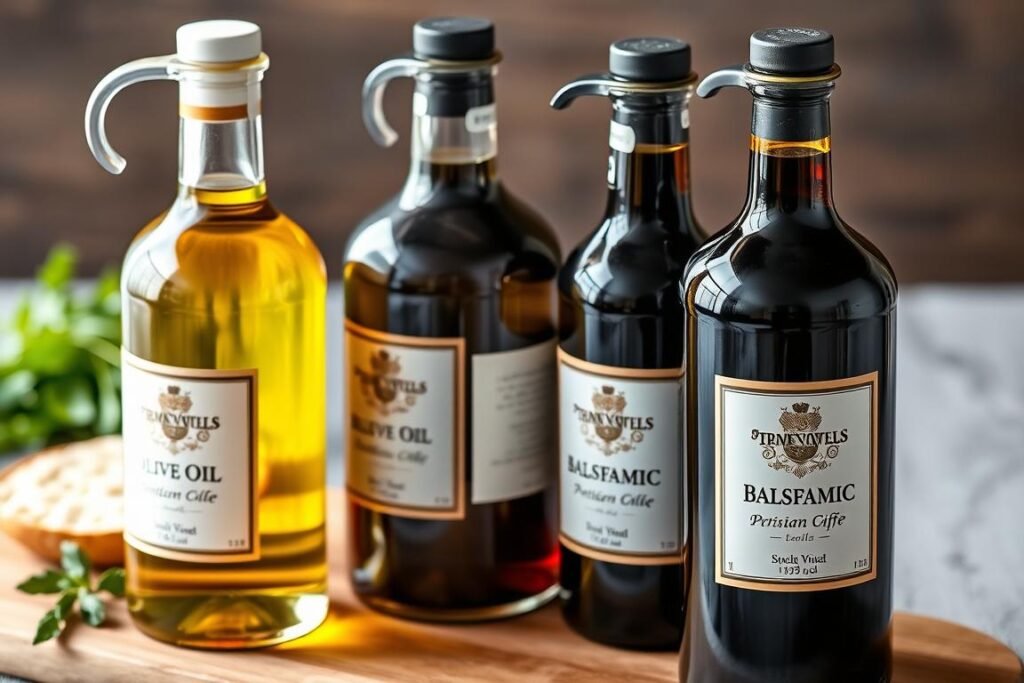 Artisanal olive oil and balsamic vinegar set in glass bottles