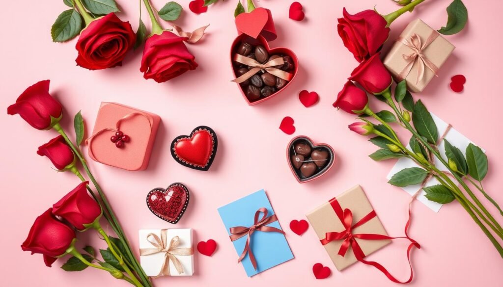 Assorted Valentine's Day gifts including roses, chocolates, jewelry, and gift boxes arranged on a pink background