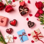 Assorted Valentine's Day gifts including roses, chocolates, jewelry, and gift boxes arranged on a pink background