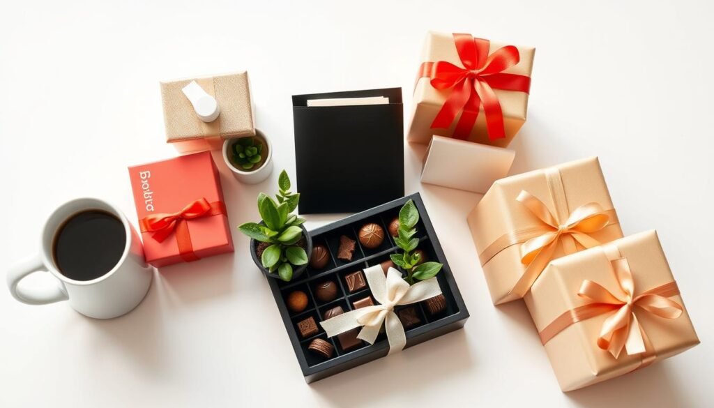 Assorted gift ideas for coworkers arranged on a desk including mugs, plants, and desk accessories