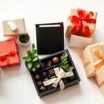 Assorted gift ideas for coworkers arranged on a desk including mugs, plants, and desk accessories