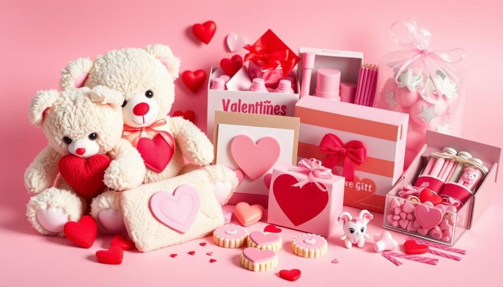 Assorted kids valentines gifts including plush toys, craft kits, and heart-shaped items arranged on a pink background