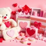 Assorted kids valentines gifts including plush toys, craft kits, and heart-shaped items arranged on a pink background