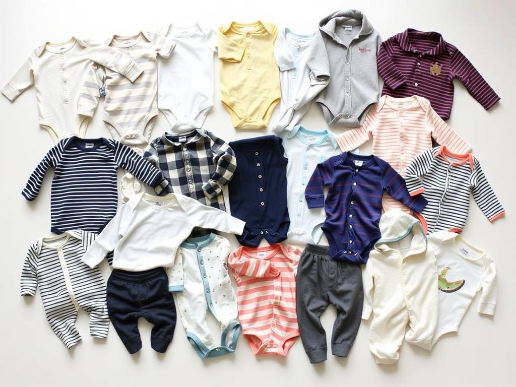 Assortment of baby clothes in various sizes including onesies, sleepers, and seasonal outfits