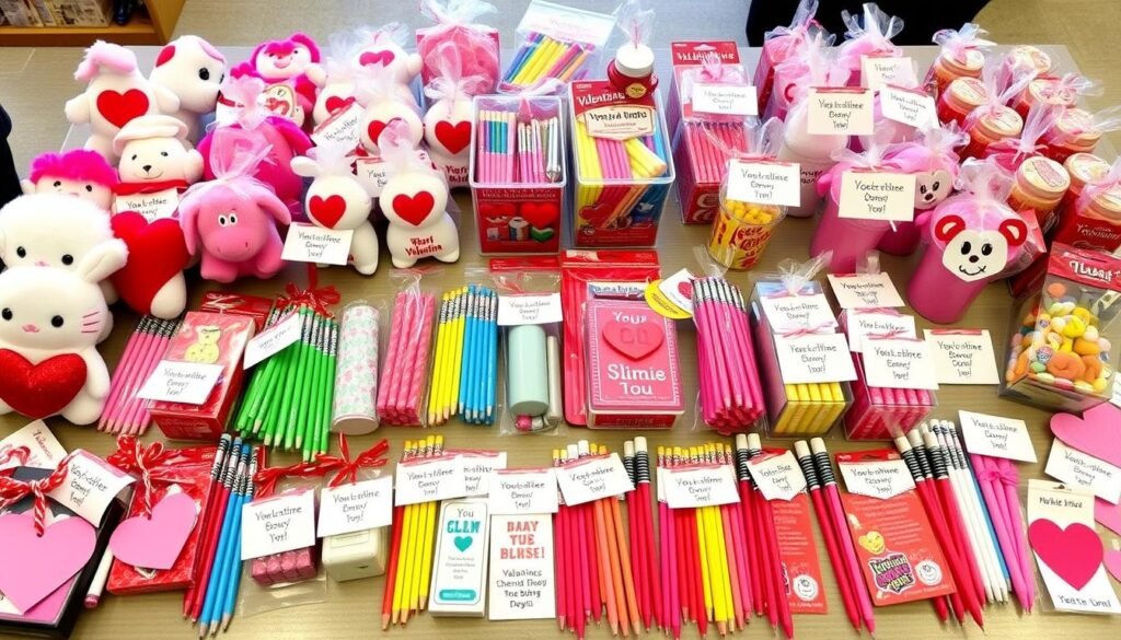 Assortment of classroom Valentine exchange gifts with cards and small toys