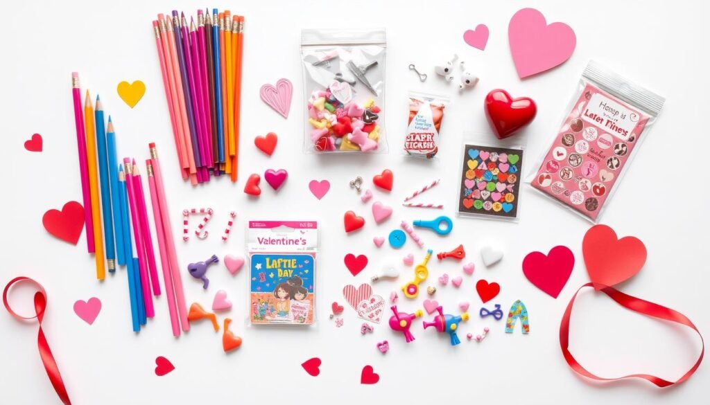 Assortment of colorful school valentines day gifts for elementary students including pencils, erasers, and small toys