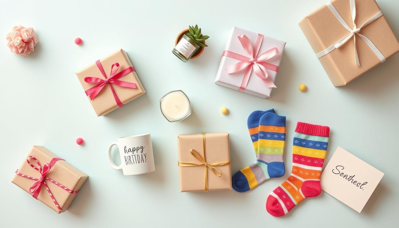 Assortment of cute birthday gifts including personalized items, self-care products, and handmade treasures
