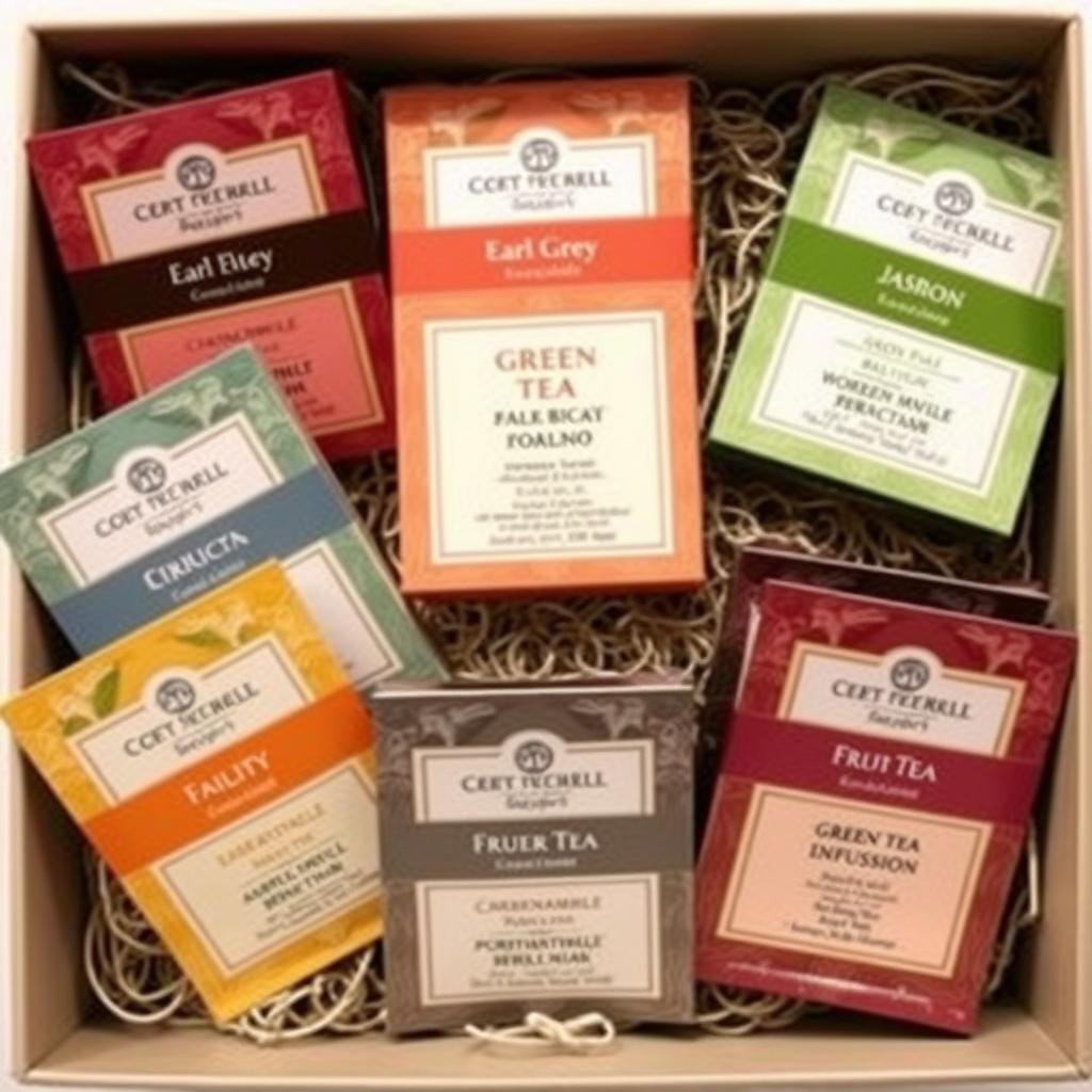 Assortment of gourmet tea bags in a decorative gift box