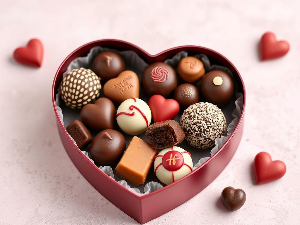 Assortment of luxury chocolates in heart-shaped box
