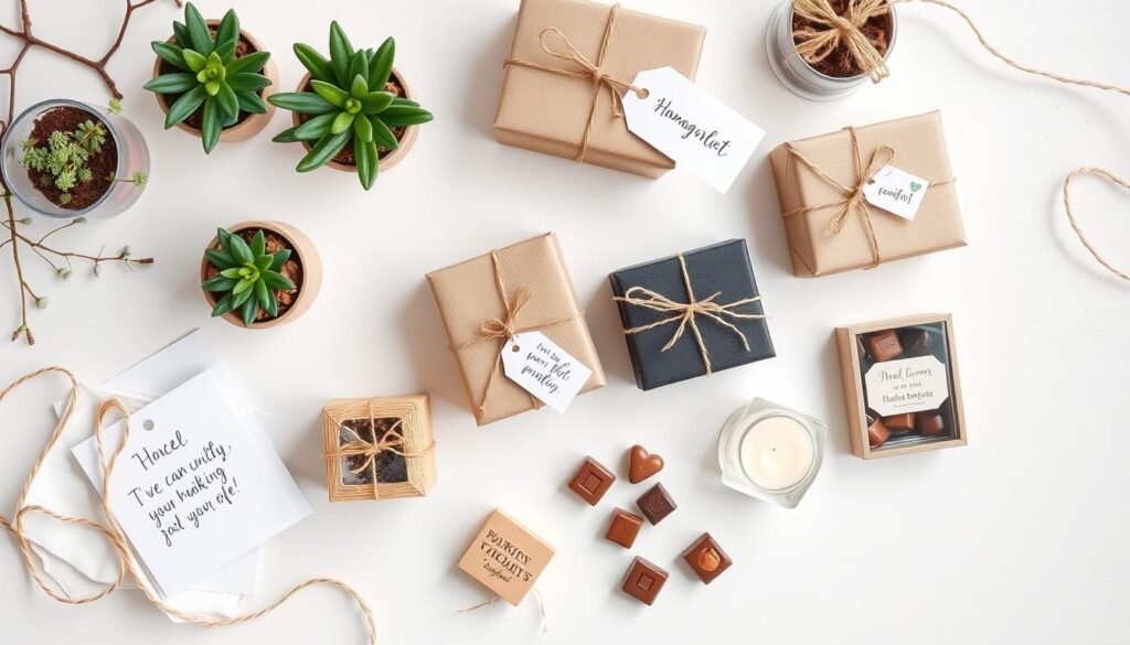 Assortment of small gift ideas beautifully wrapped and arranged