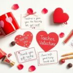 Assortment of teacher valentine gift ideas including mugs, gift cards, and handmade crafts