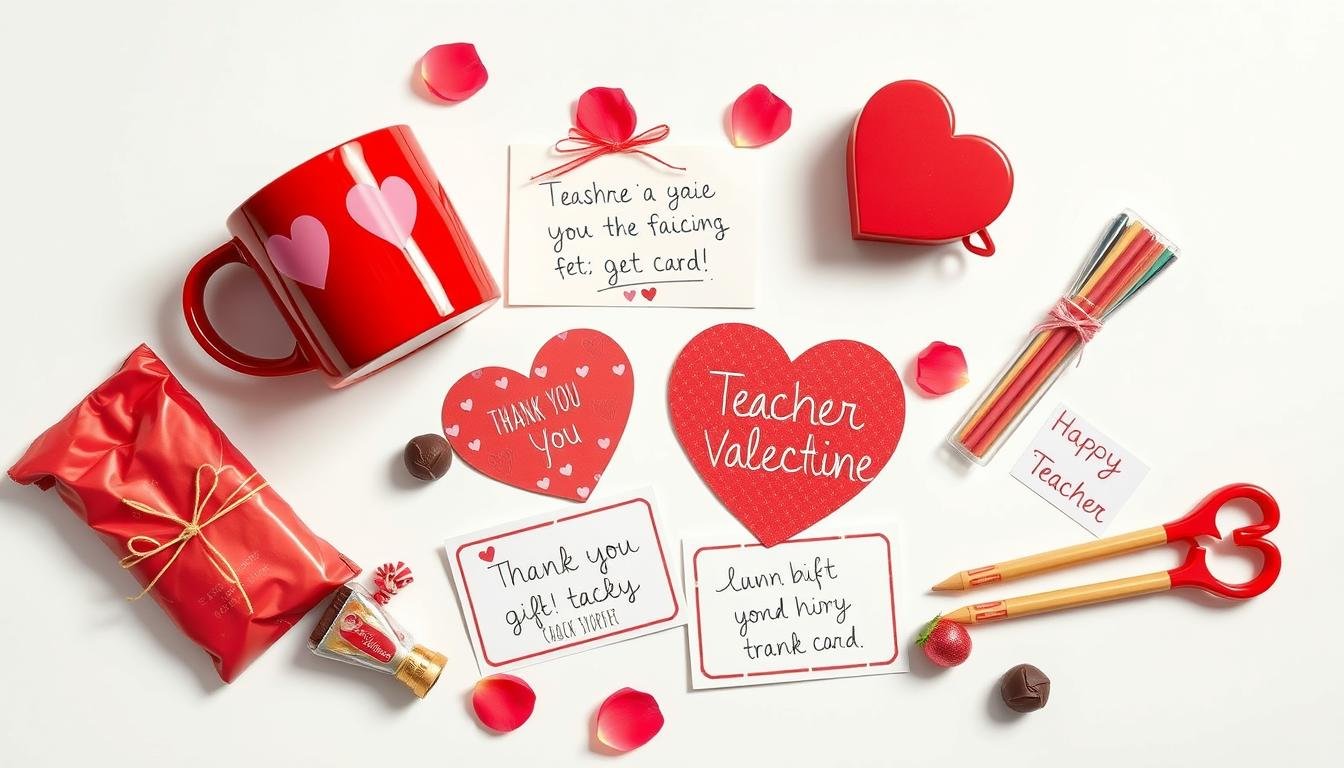 Assortment of teacher valentine gift ideas including mugs, gift cards, and handmade crafts