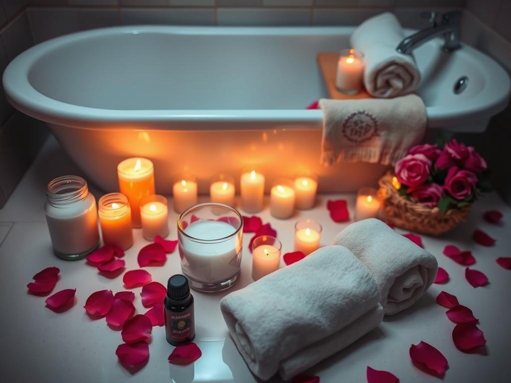 At-home spa setup with candles and bath products as a budget Valentine's Day gift