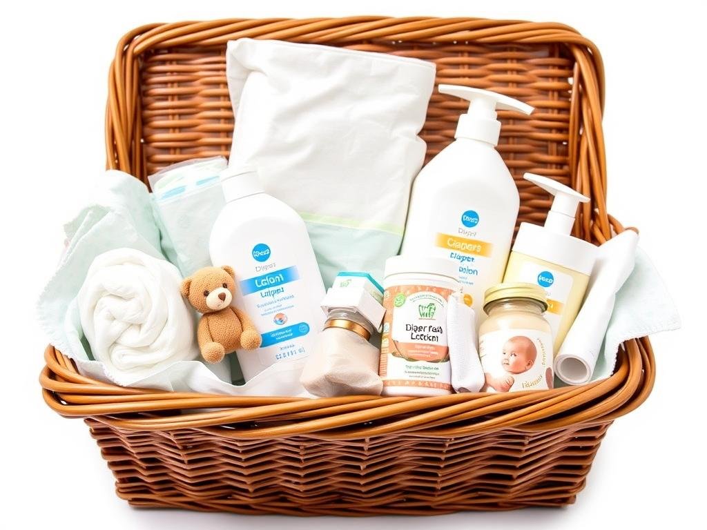 Baby essentials gift basket with diapers, wipes, and bath products